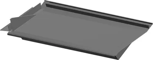 Ein Bosch Abdeckblech in rechteckiger Form mit Schrägen an den Seiten, geeignet zur Abdeckung von Komponenten in technischen Anwendungen.
